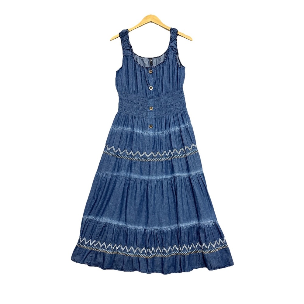 Indigo & Lace Maxi Dress Tiered Chambray Smocked 1X Boho Cottage Prairie Rodeo